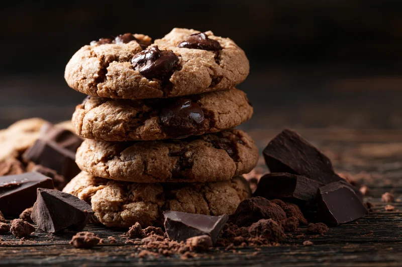 Stack of four homemade chocolate chip cookies on dark wooden surface with chocolate chunks and cocoa powder scattered around