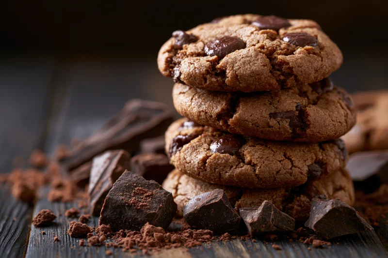 Stack of four homemade chocolate chip cookies piled on a dark wooden surface with chocolate chunks and cocoa powder scattered around