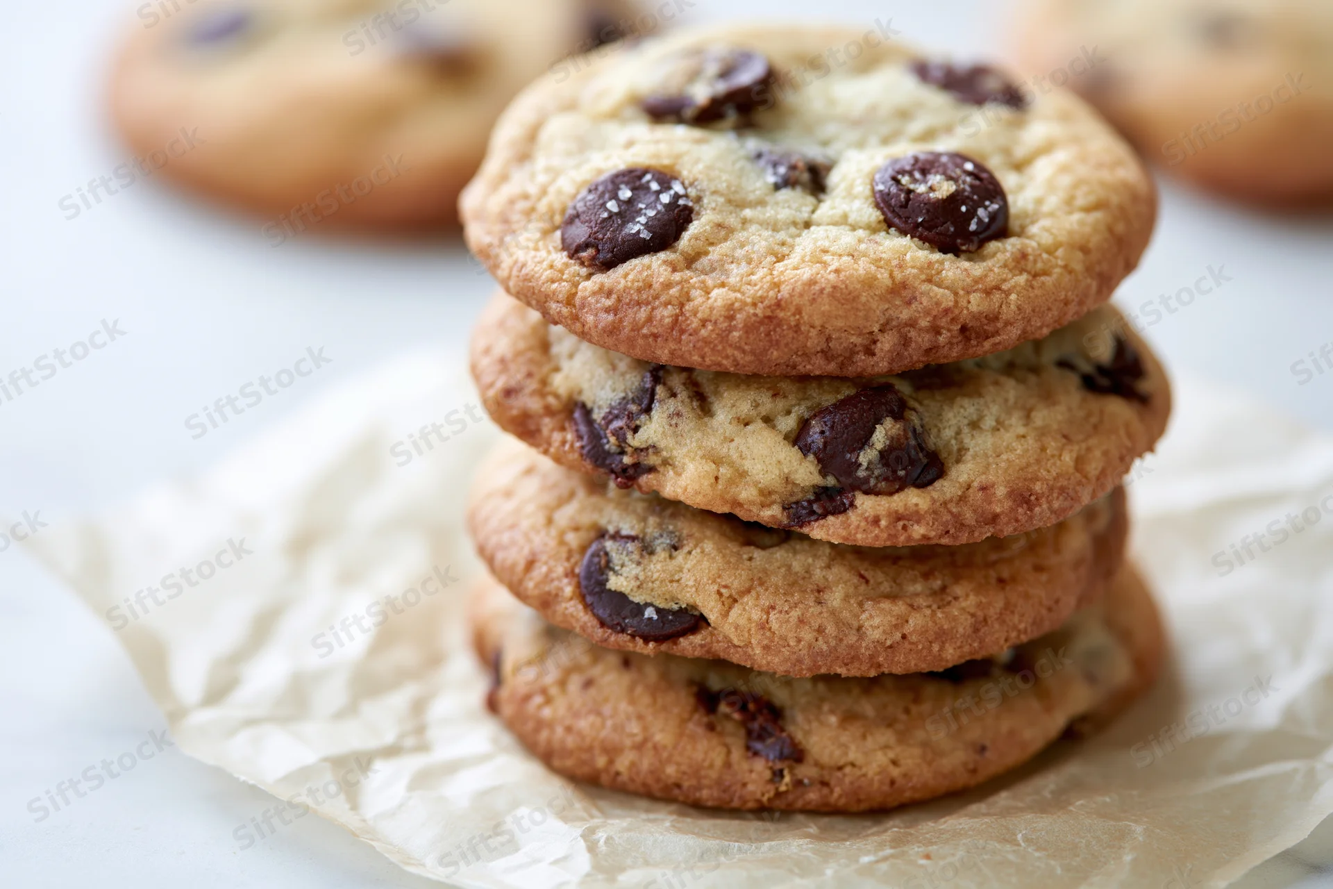 Stack of four homemade chocolate chip cookies piled on crinkled parchment paper on white surface
