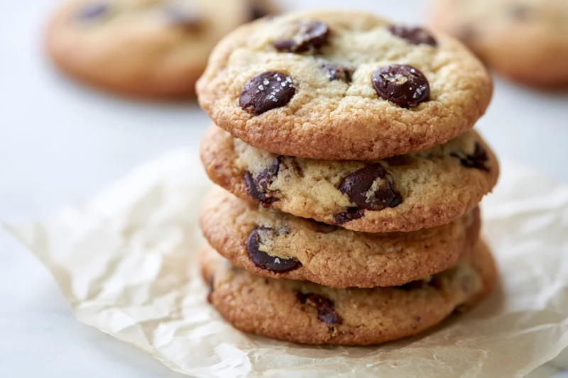 Stack of four homemade chocolate chip cookies piled on crinkled parchment paper on white surface