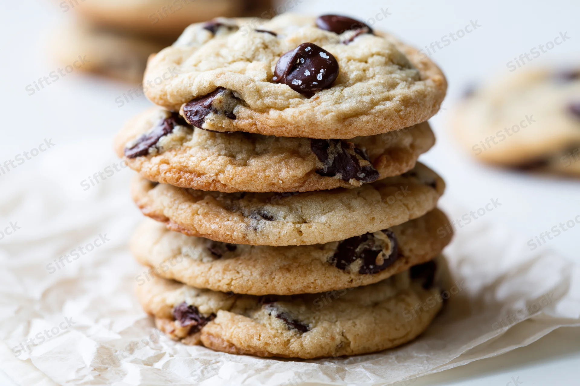 Stack of homemade chocolate chip cookies on crinkled parchment paper