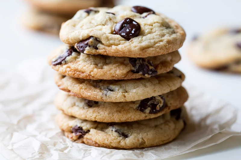 Stack of homemade chocolate chip cookies on crinkled parchment paper