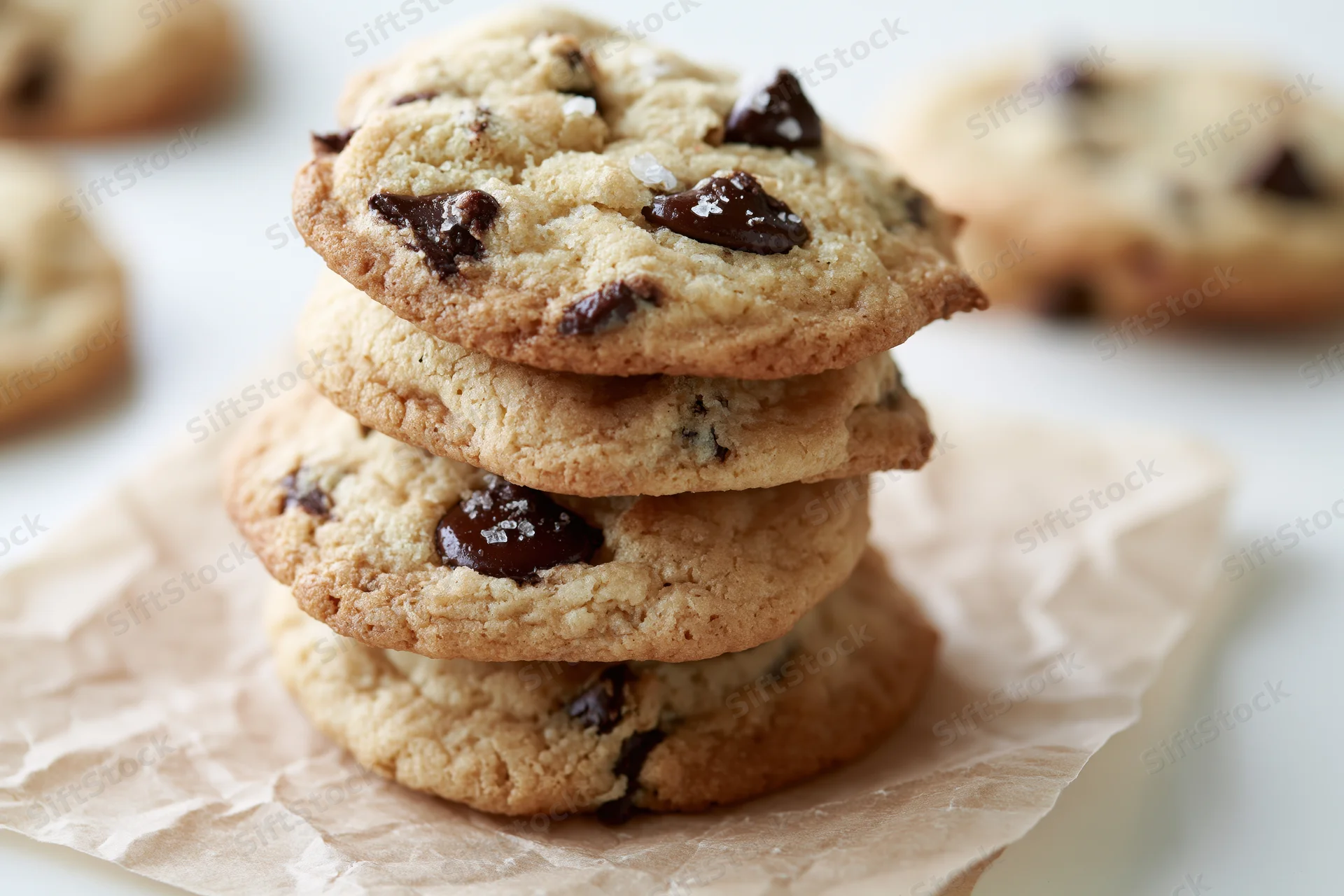 Stack of four homemade chocolate chip cookies piled on crinkled parchment paper with soft focus background