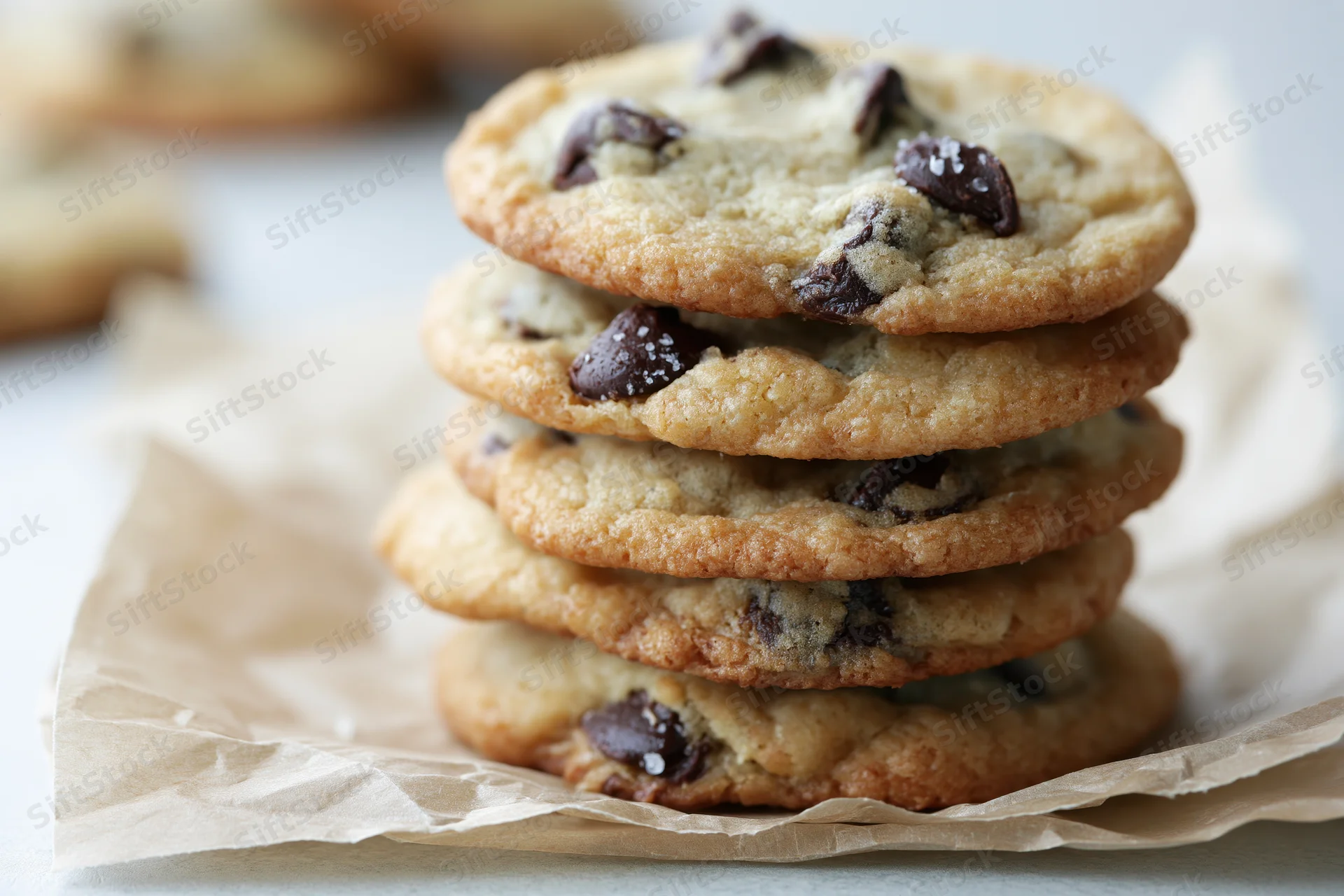 Stack of homemade chocolate chip cookies on crinkled parchment paper