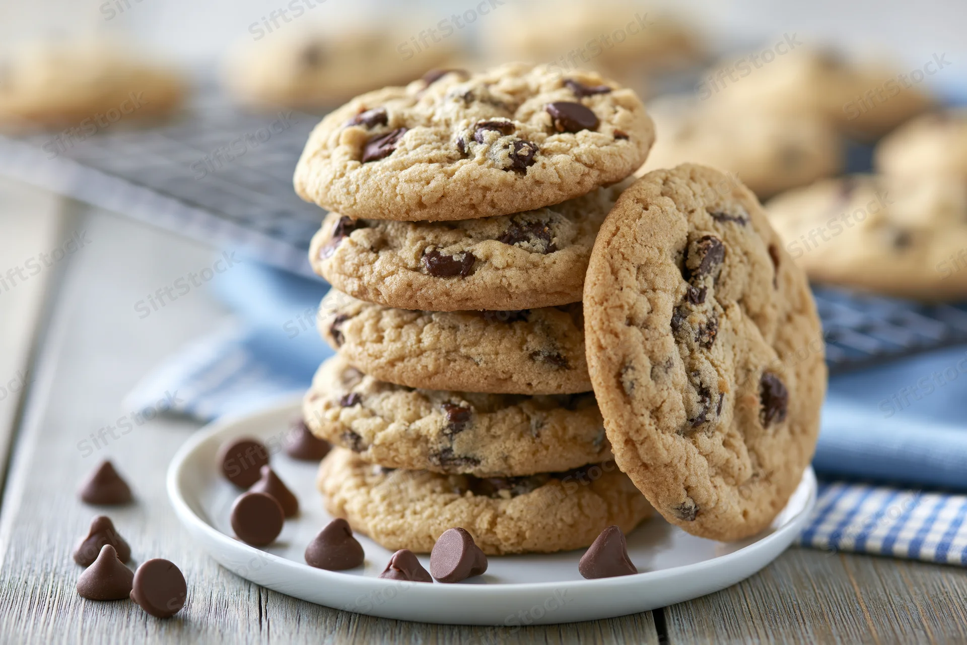 Stack of homemade chocolate chip cookies on a small white plate on wooden table