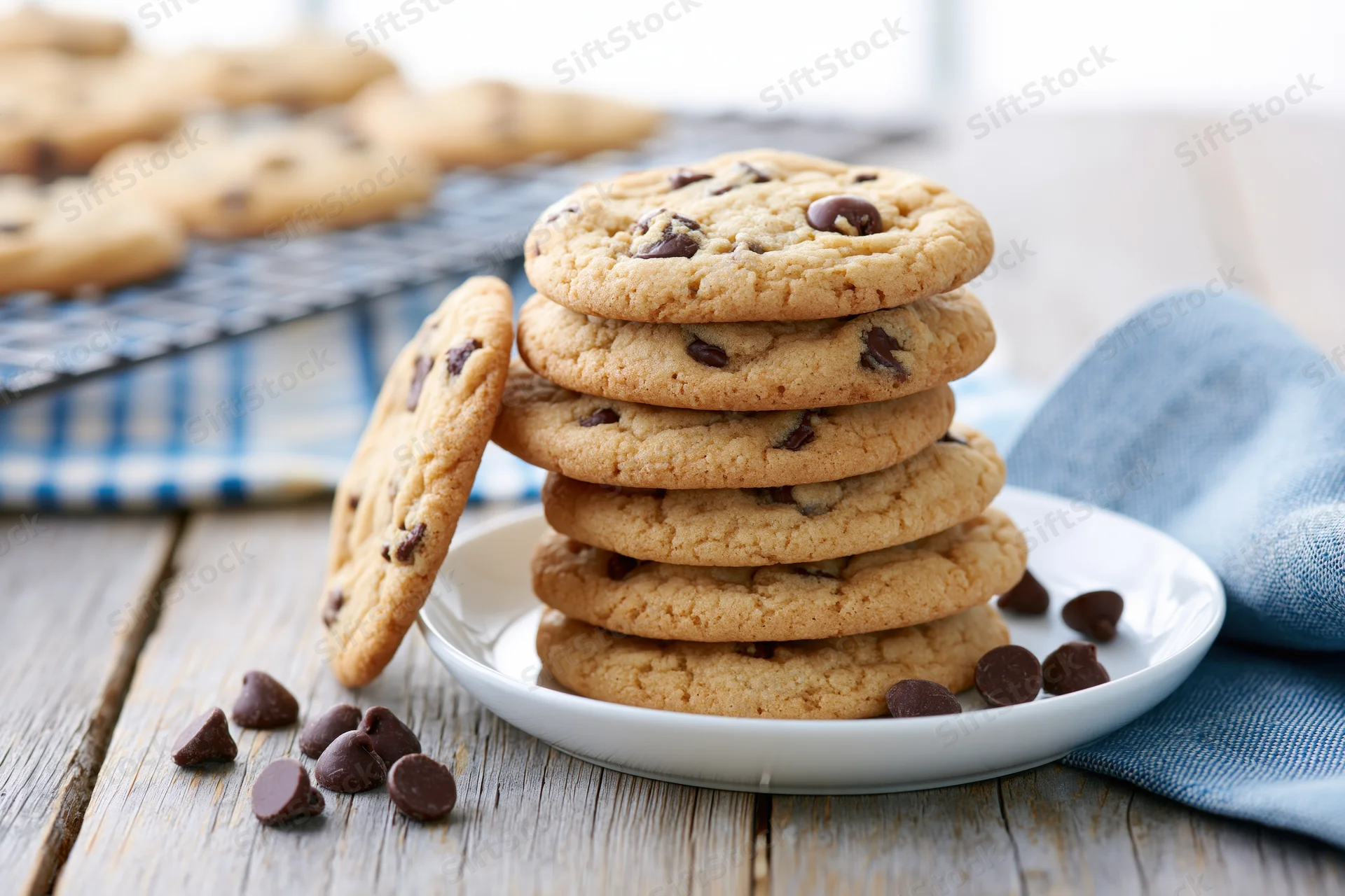 Stack of homemade chocolate chip cookies on a white plate with scattered chocolate chips on a wooden table