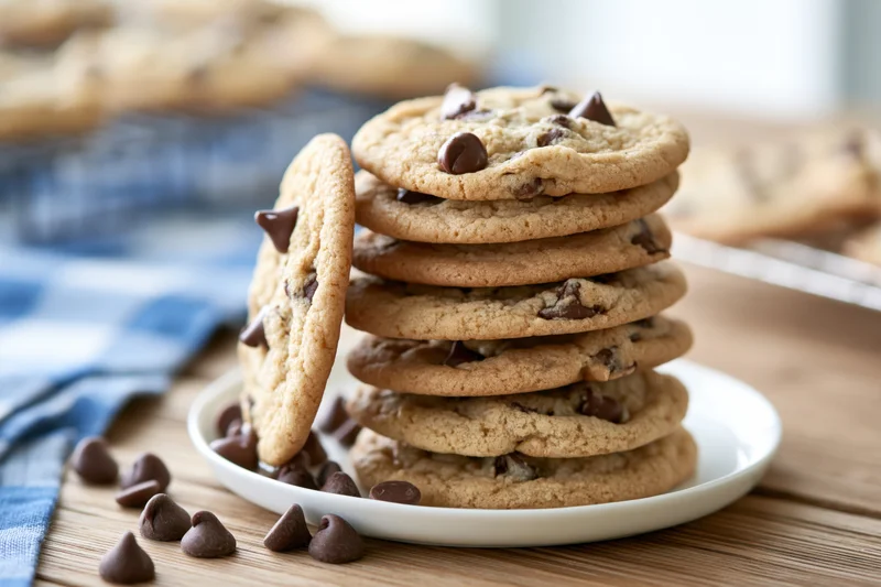 Stack of homemade chocolate chip cookies on a white plate on wooden table