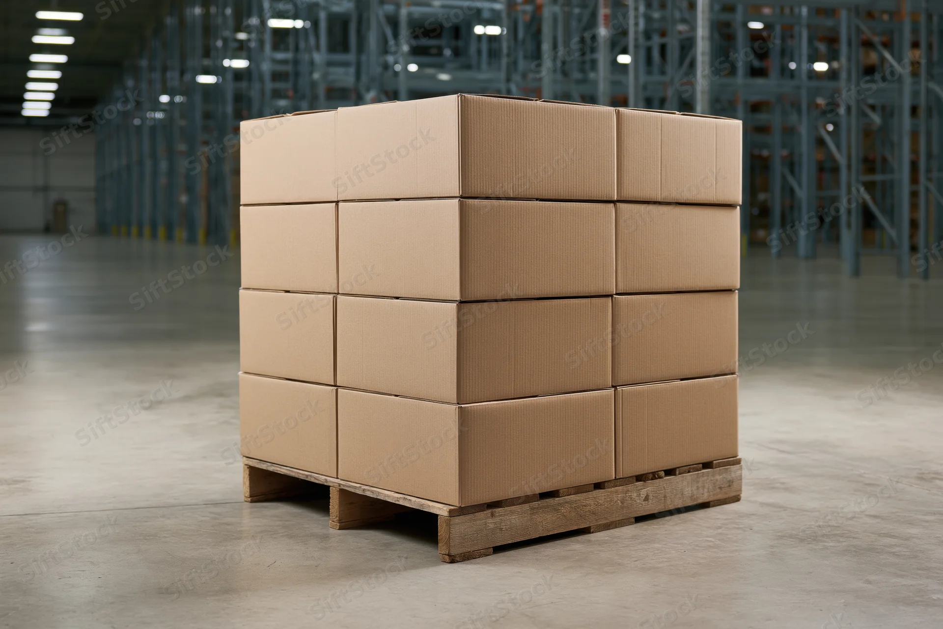 Stack of identical cardboard boxes arranged on wooden pallet in warehouse interior