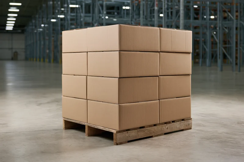 Stack of identical cardboard boxes arranged on wooden pallet in warehouse interior