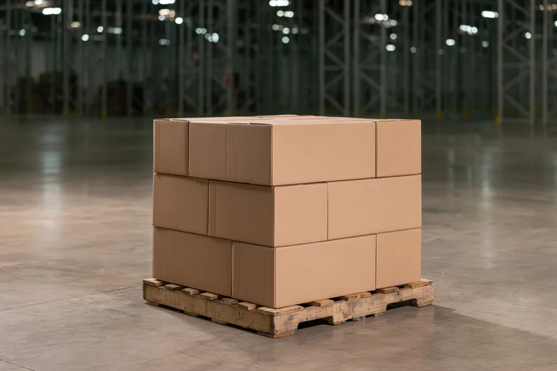 Stack of identical cardboard boxes arranged on wooden pallet in warehouse interior