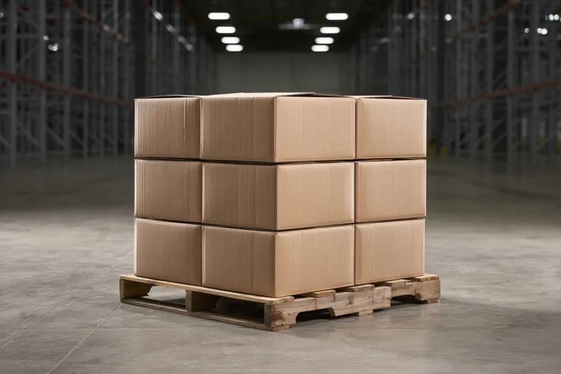 Stack of identical cardboard boxes arranged on wooden pallet in warehouse interior