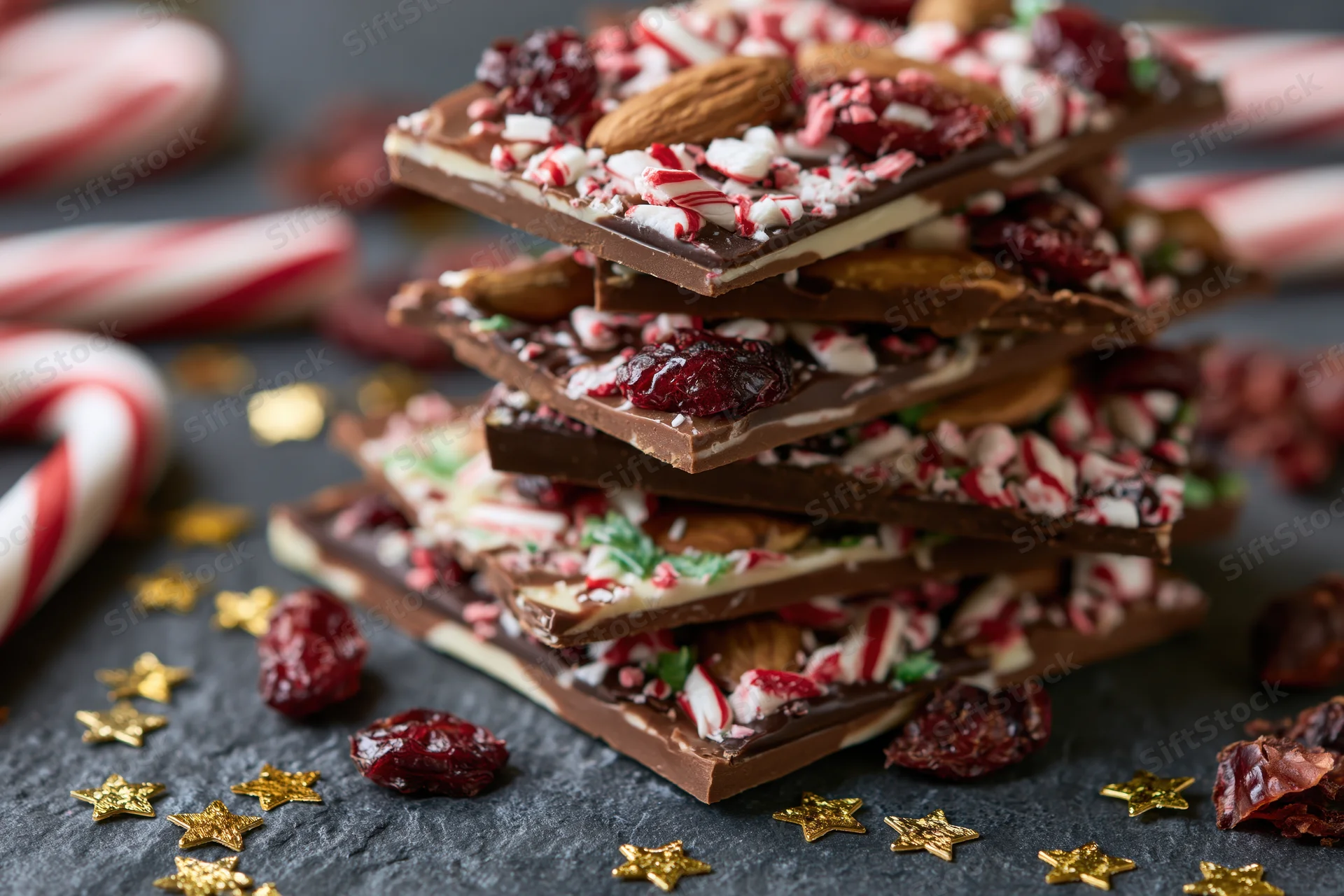 Stack of layered milk and dark chocolate bark with crushed candy canes, dried cranberries, and almonds on dark surface