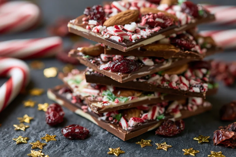 Stack of layered milk and dark chocolate bark with crushed candy canes, dried cranberries, and almonds on dark surface