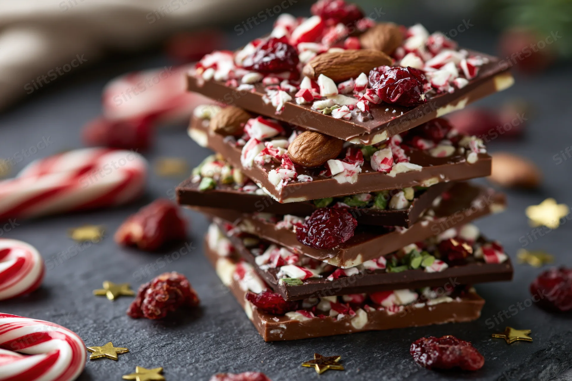 Stack of layered milk and dark chocolate bark with almonds, dried cranberries, and crushed candy canes on dark surface