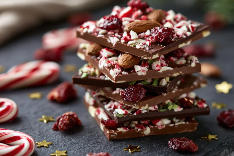 Stack of layered milk and dark chocolate bark with almonds, dried cranberries, and crushed candy canes on dark surface