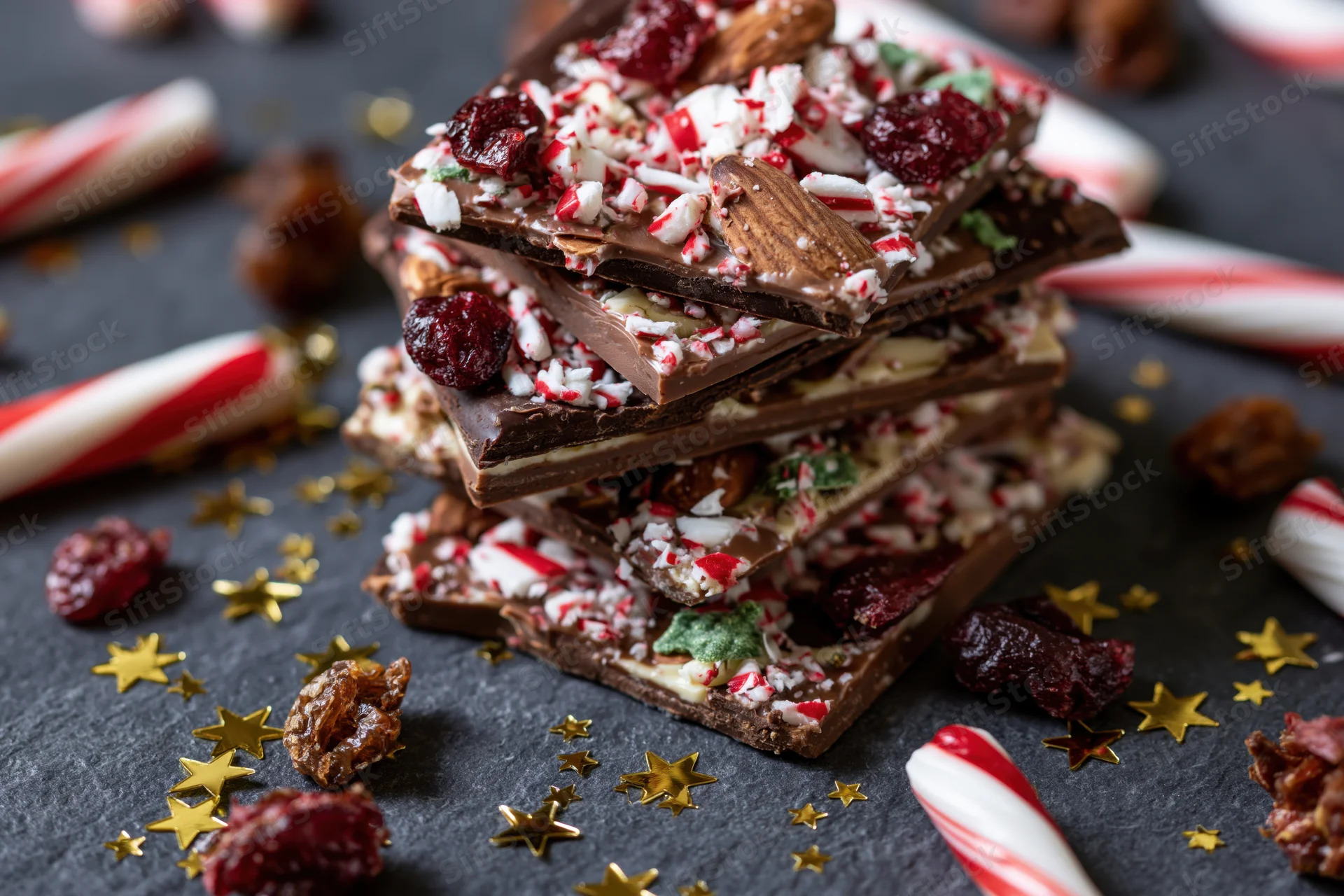 Stack of layered chocolate bark with crushed candy canes and dried cranberries on dark surface