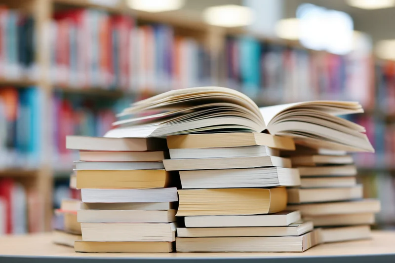Stack of paperback and hardcover books piled on a table in a library with blurred bookshelves behind