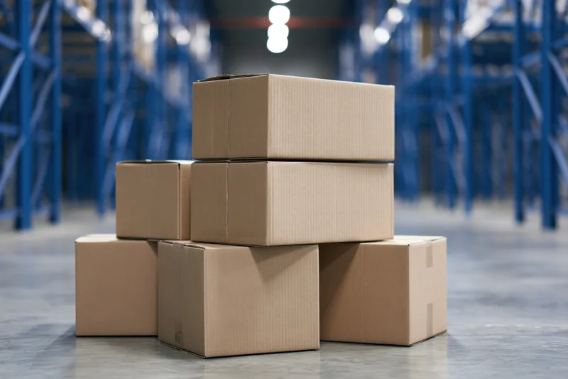 Stack of plain cardboard boxes arranged on concrete warehouse floor with blue metal racking in background