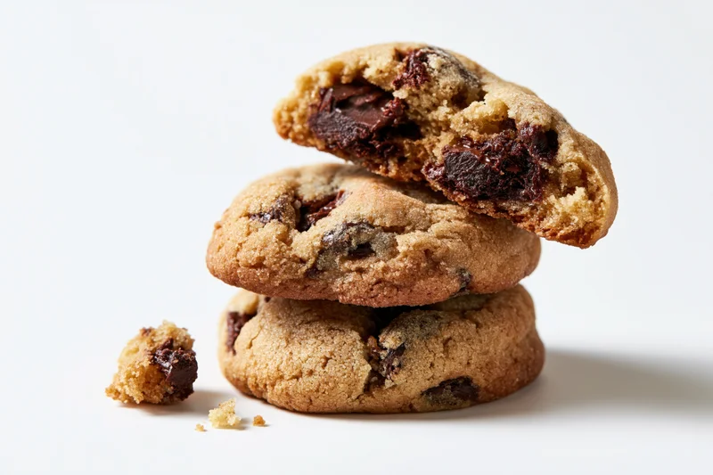 Stack of three chocolate chip cookies with one broken on top on white background