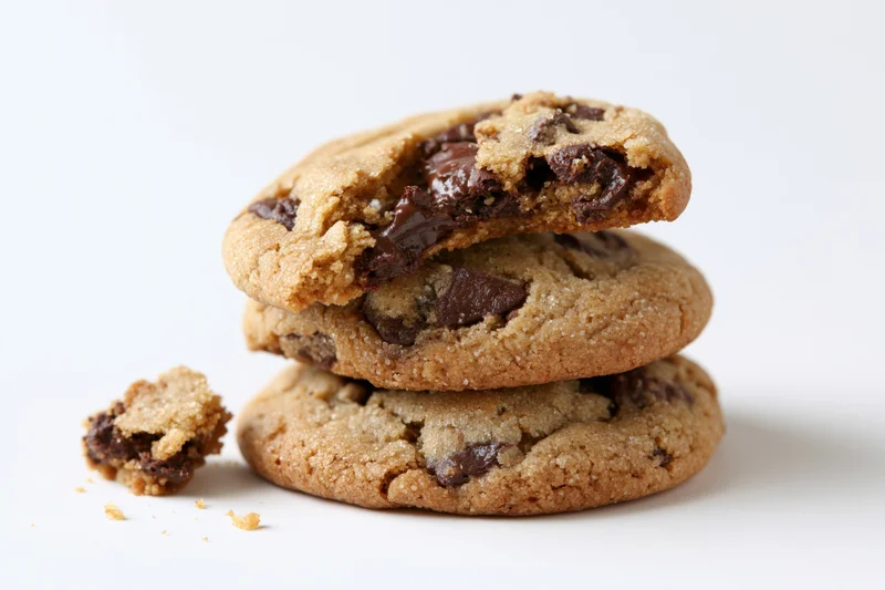 Stack of three chocolate chip cookies with one broken on white background