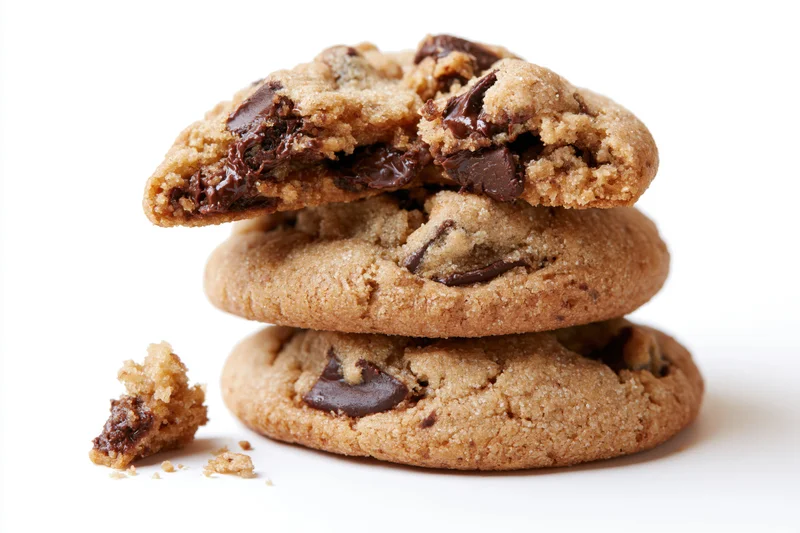 Stack of three chocolate chip cookies with one broken in half on white background