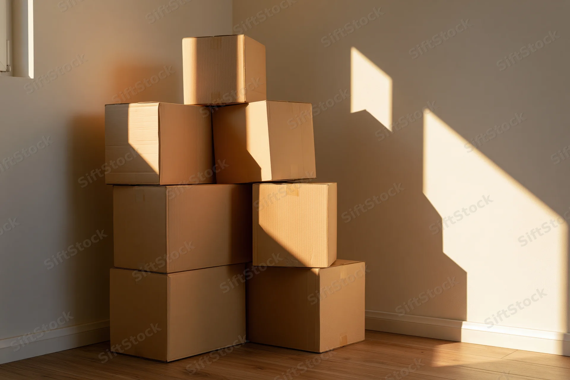 Stack of unsealed cardboard moving boxes piled in corner of room with sunlight casting shadows on walls and floor