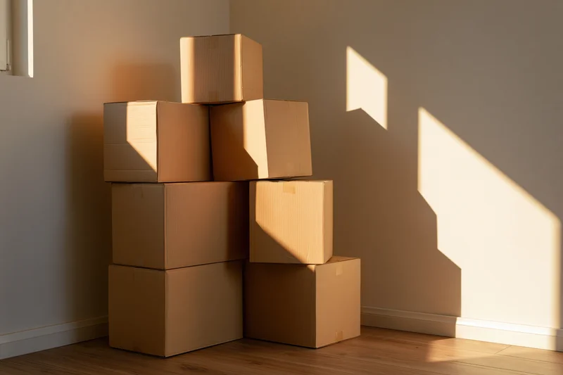 Stack of unsealed cardboard moving boxes piled in corner of room with sunlight casting shadows on walls and floor