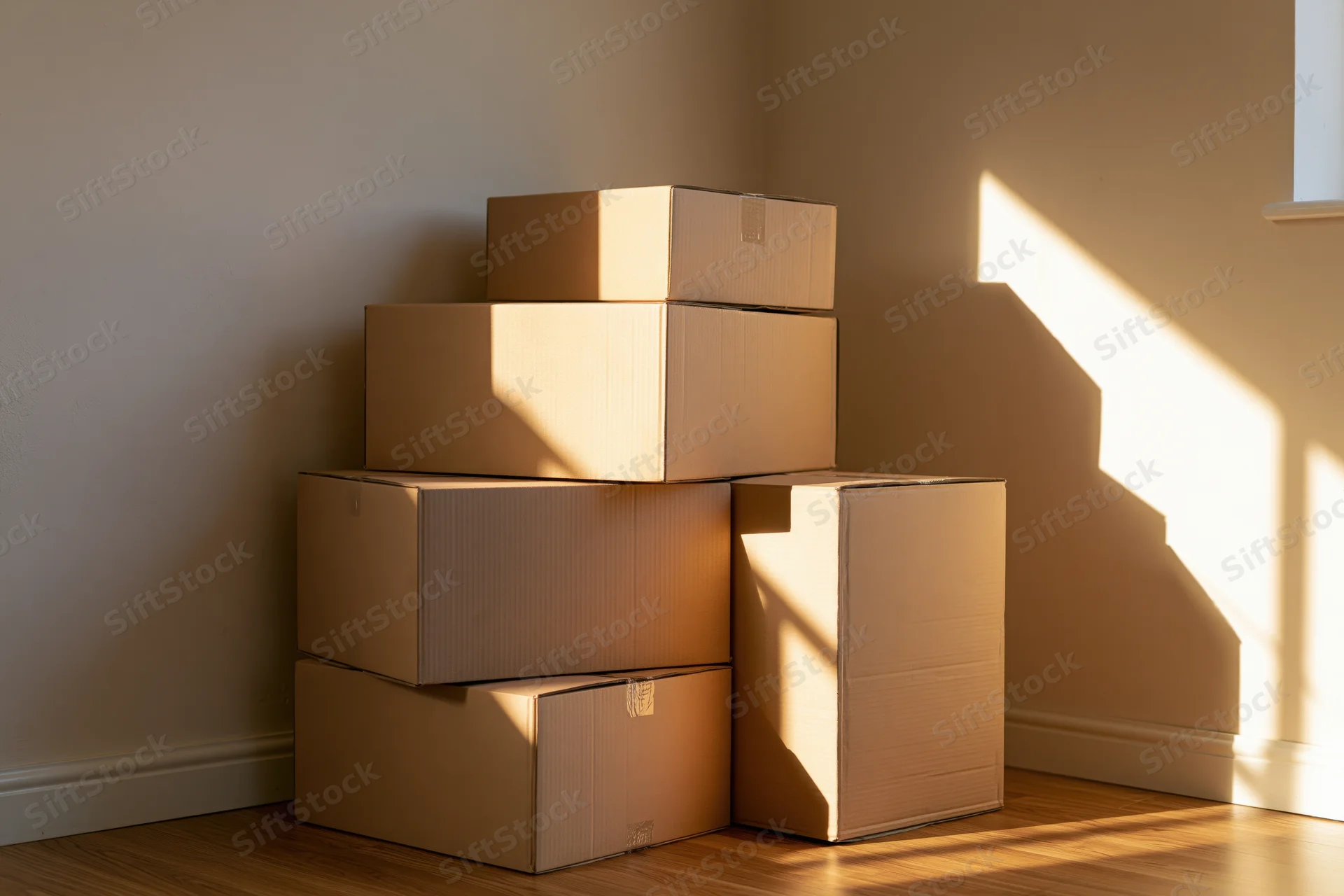 Unsealed cardboard moving boxes stacked in a corner of an empty room with sunlight casting shadows on the wooden floor