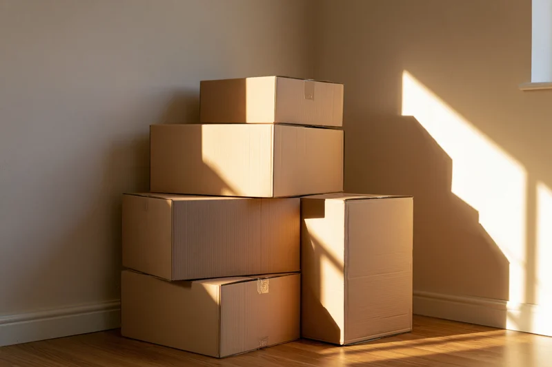 Unsealed cardboard moving boxes stacked in a corner of an empty room with sunlight casting shadows on the wooden floor