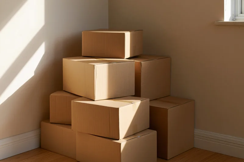 Stack of unsealed cardboard moving boxes piled in the corner of a room with sunlight casting shadows on the wall and floor