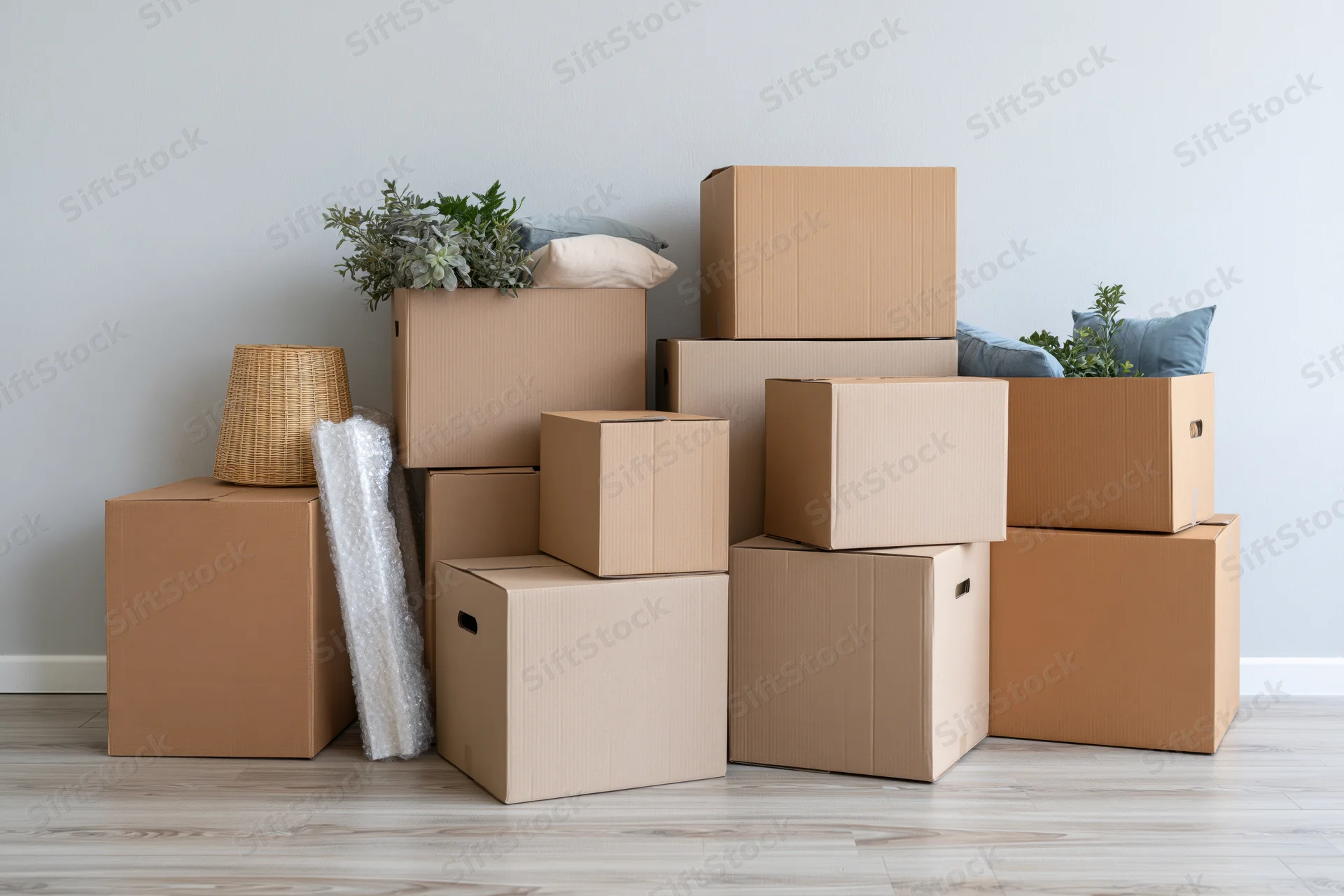 Stacked cardboard moving boxes of various sizes grouped against a light wall in a room with plants and cushions on top