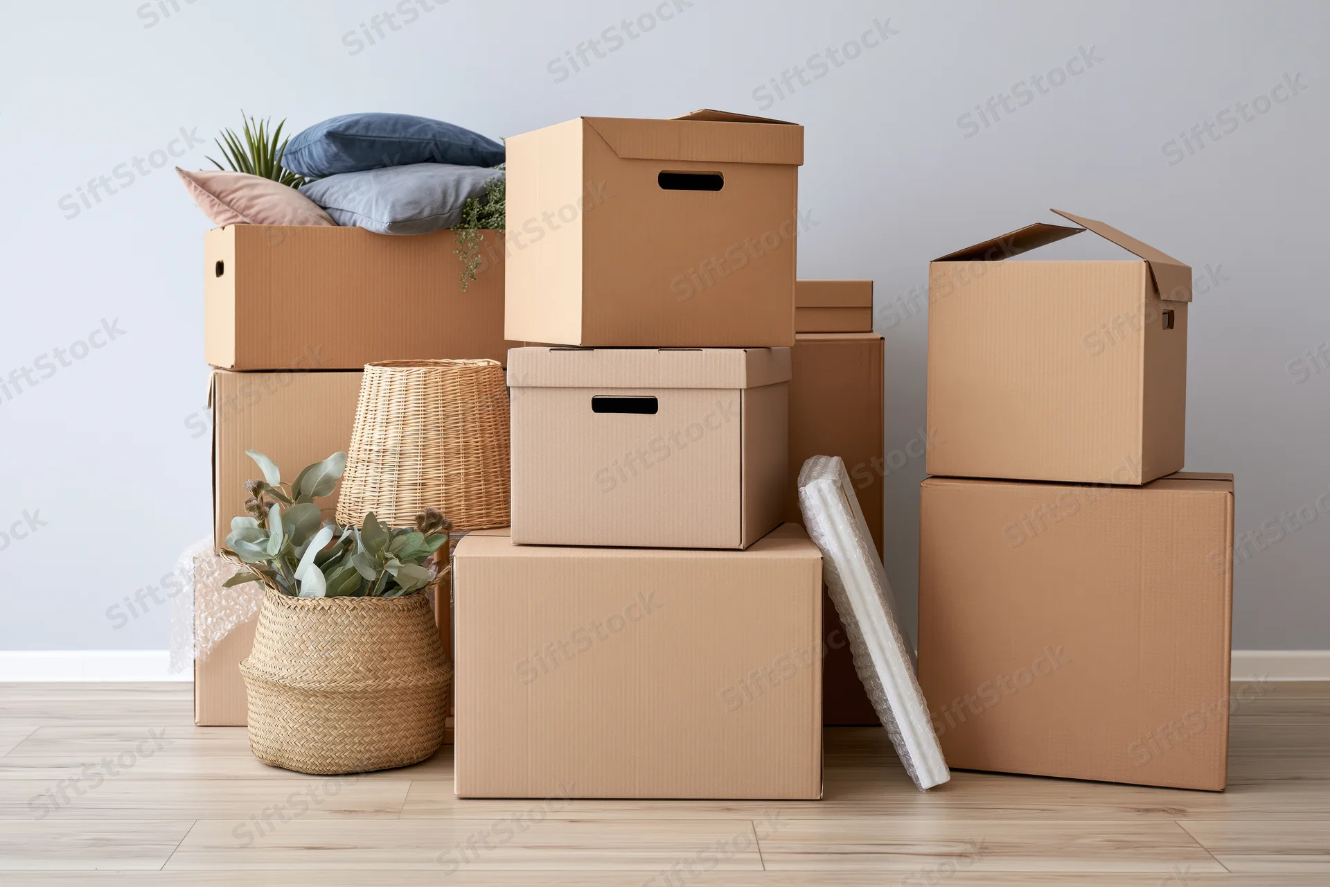 Stacked cardboard moving boxes with cushions and plants on a wooden floor in a minimalist living space