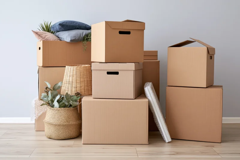 Stacked cardboard moving boxes with cushions and plants on a wooden floor in a minimalist living space