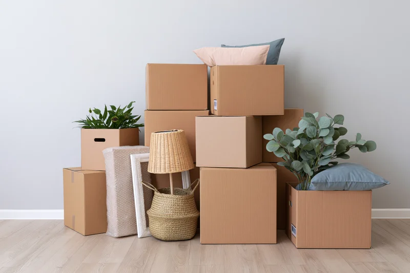 Stacked cardboard moving boxes with plants, cushions, and decor items arranged in a room