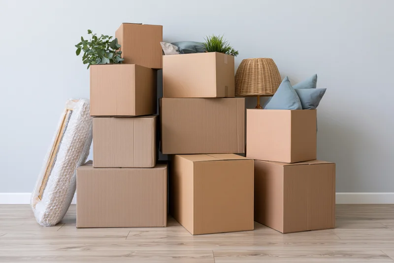 Stacked cardboard moving boxes with plants, cushions and lamp arranged against a white wall in a room with light wood flooring