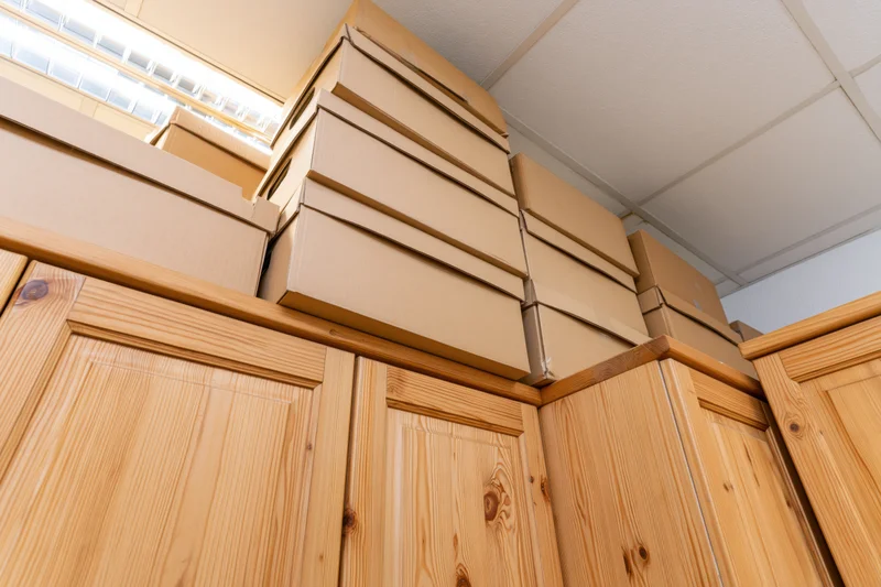 Stacked cardboard moving boxes on top of pine wood cabinets indoors