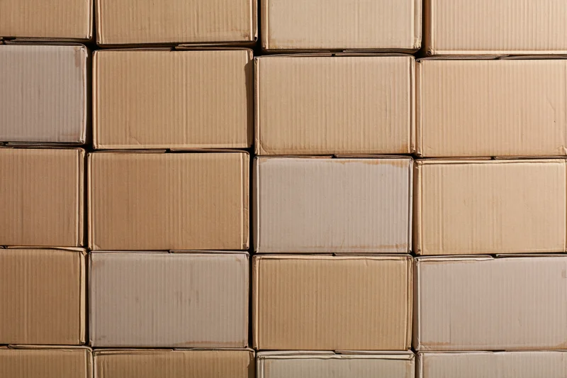 Stacked rows of sealed cardboard shipping boxes arranged in a grid pattern in a warehouse storage area