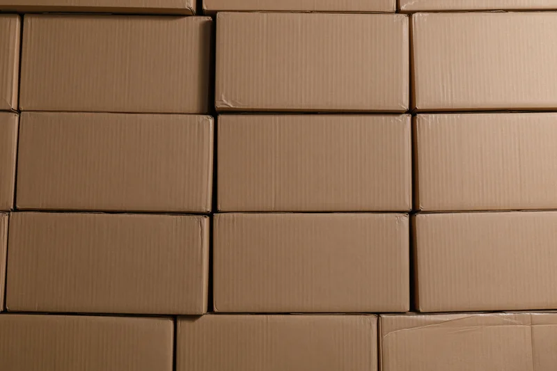 Stacked Rows of Identical Sealed Cardboard Shipping Boxes Filled