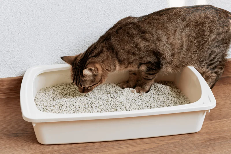 Tabby cat sniffing inside an open plastic litter box on a wooden floor