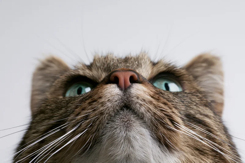 Tabby cat looking upward with alert teal-green eyes in closeup portrait against white background