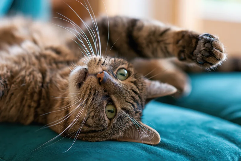 Tabby cat lying on its back on a teal velvet sofa with one paw raised