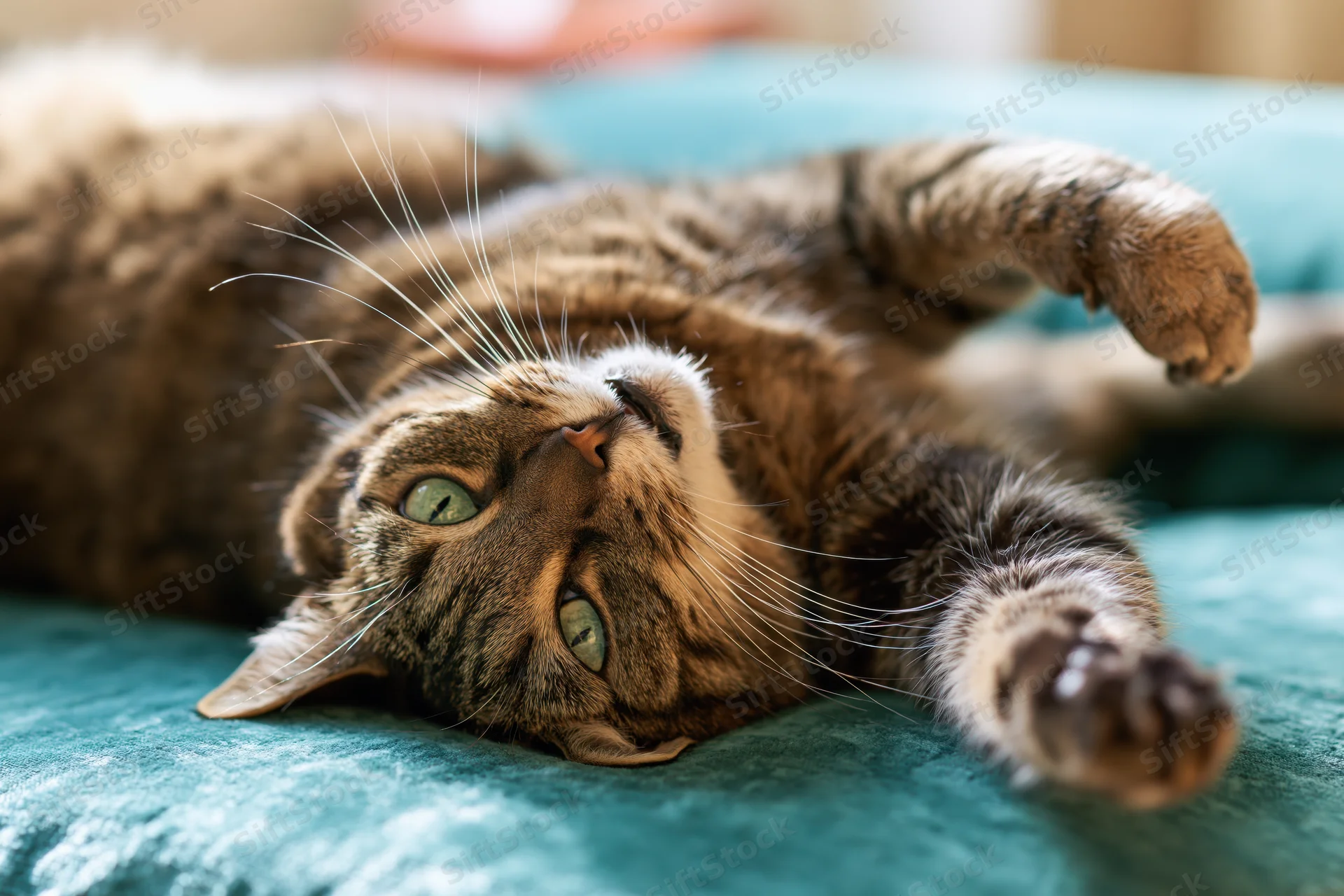 Tabby cat lying on its back on a teal velvet sofa with paws raised
