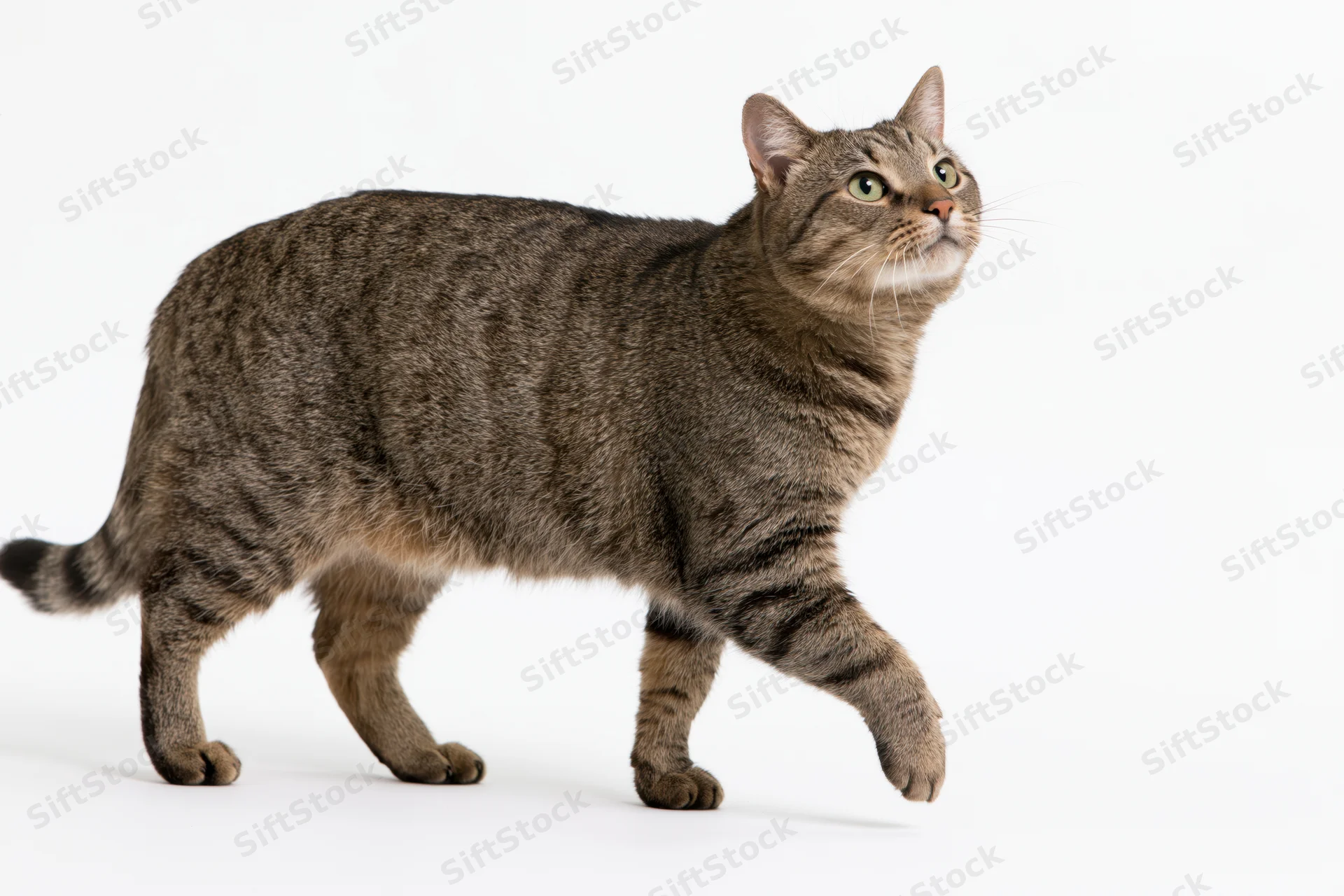 Tabby cat walking with one front paw raised in alert posture against white background