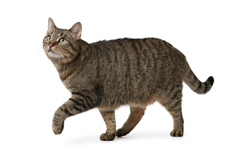 Tabby cat walking with one front paw raised mid-step on white background