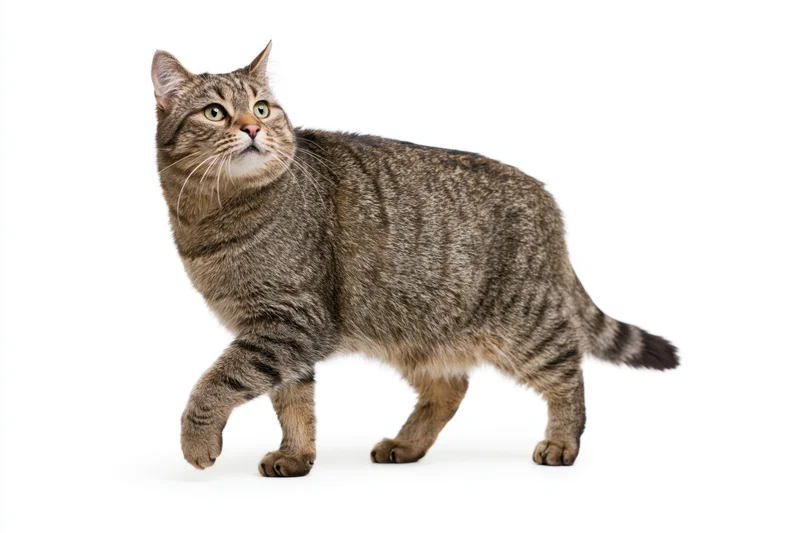 Tabby cat walking with one front paw raised midstep against white background