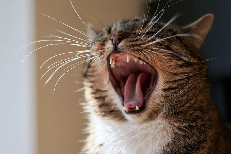 Tabby cat hissing with mouth wide open showing teeth and tongue indoors