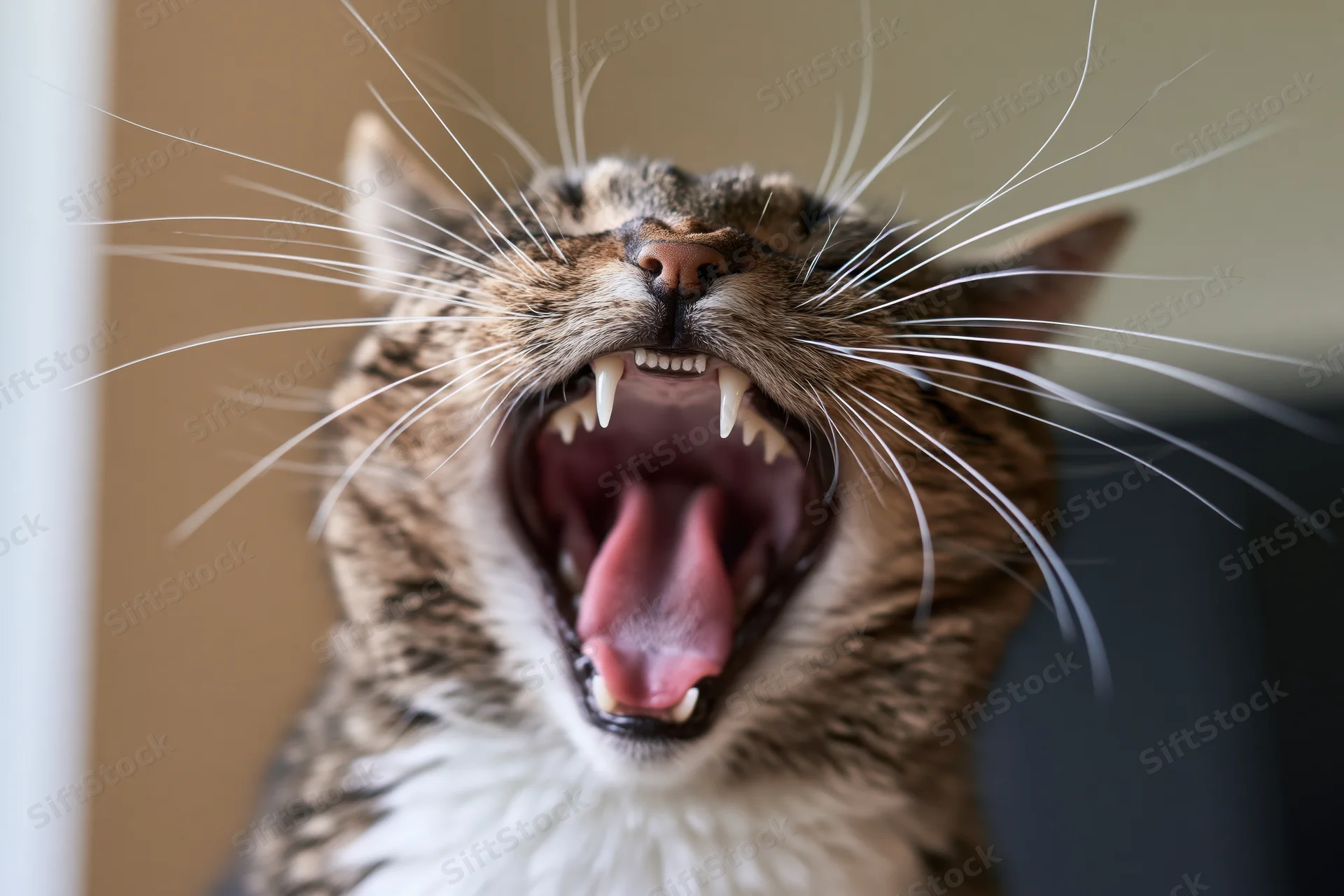 Tabby cat hissing with mouth wide open showing teeth and tongue indoors