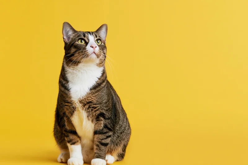 Tabby cat with white chest sitting upright and looking up against yellow background