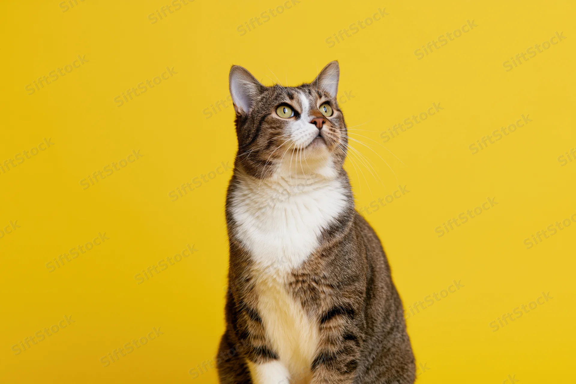 Tabby cat with white chest sitting upright and looking up against yellow background