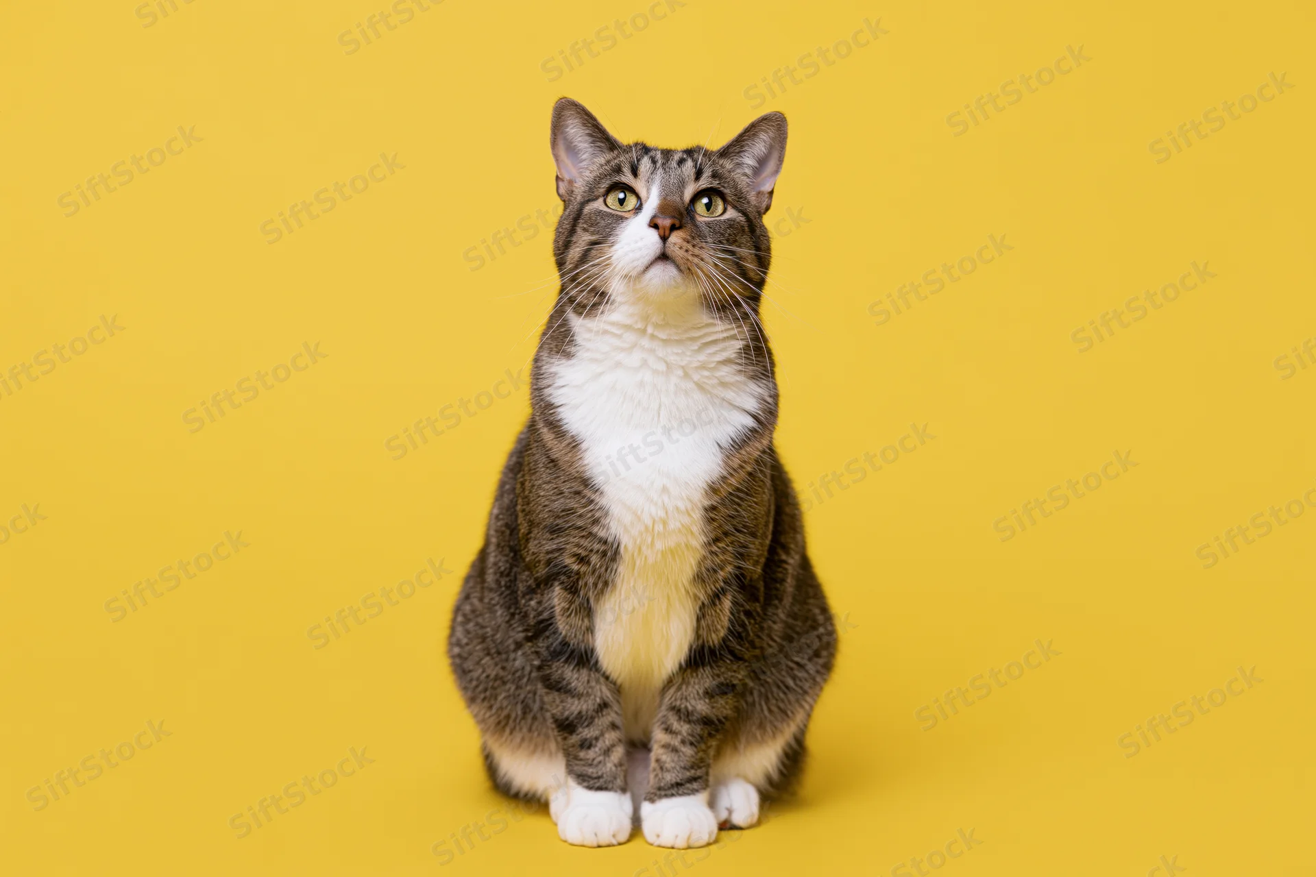 Tabby cat with white chest sitting upright and looking up against yellow background